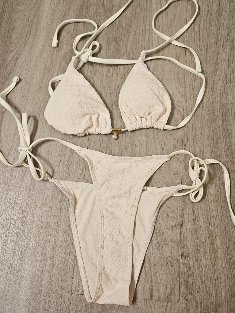 Padded Ivory Cream Bikini Set with Gold Pearl Detail, S